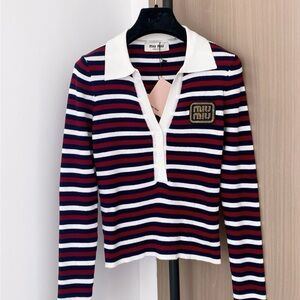 Miu Miu Navy and Red Striped Knit Top